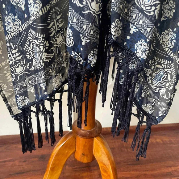 Womens Kimono Cover Up OSFM Tassels Blue Boho Hippie Longline Lagenlook Open - Picture 2 of 8